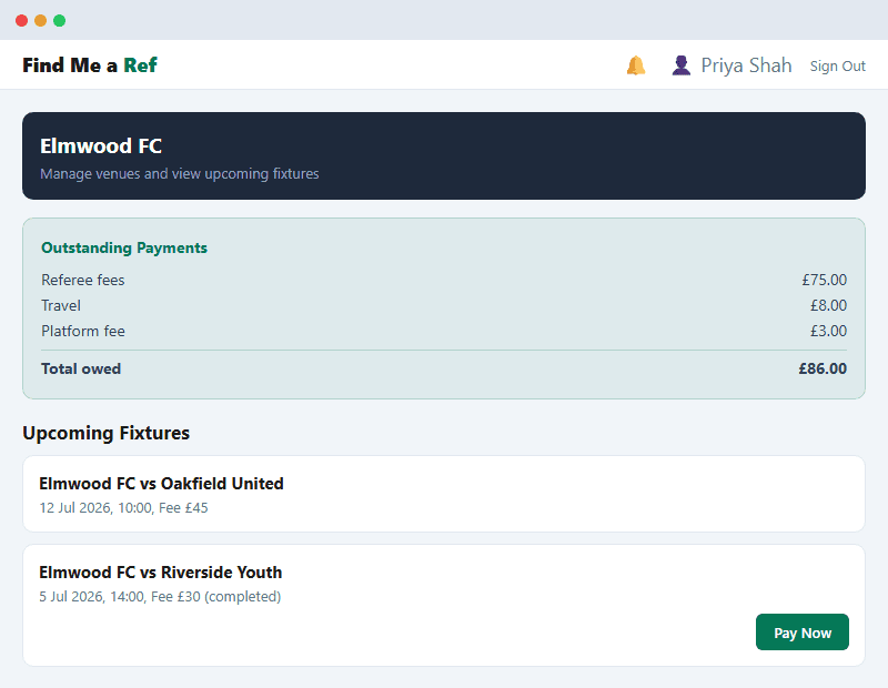 Club dashboard example