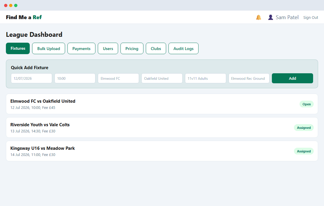 League administrator dashboard example